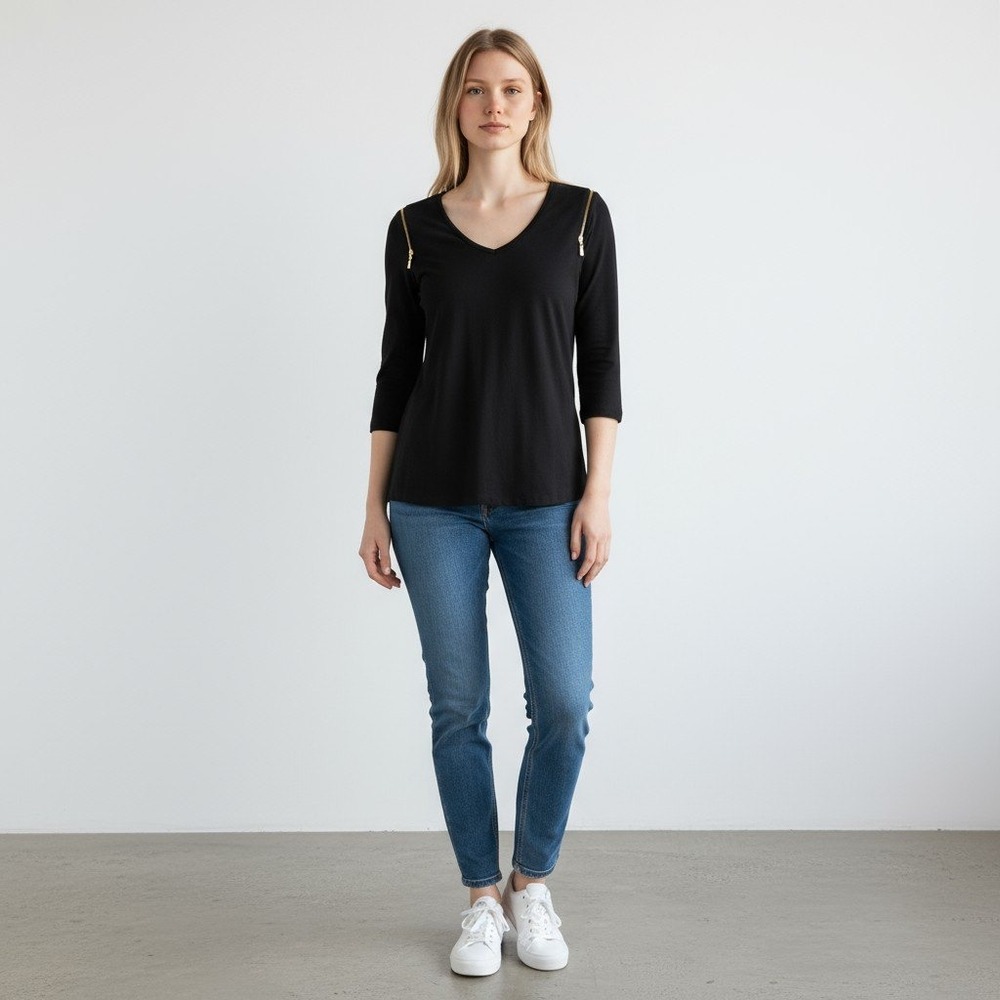 Belle by Kim Gravel Black Top Minimalist V Neck Zipper Detail Casual Edgy XXS